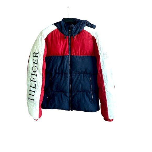 Tommy Hilfiger Hooded  Spellout Puffer Jacket Men's Small Women’s Large - Picture 2 of 12